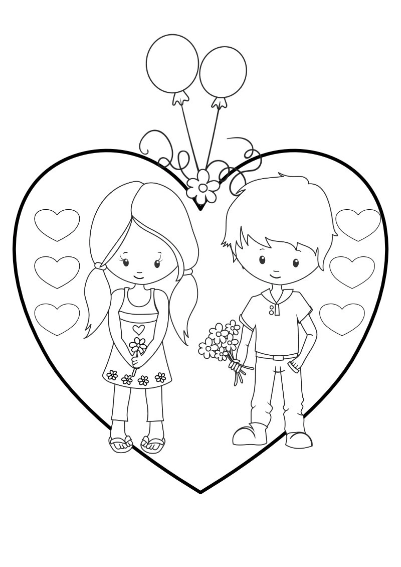 Kolorowanka chłopiec przychodzi do koleżanki w walentynki